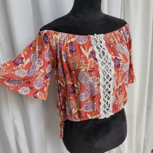 Women's Miss Me Beige Floral Boho Relaxed Cropped Top Open Shoulder Viscose XS - Picture 7 of 12